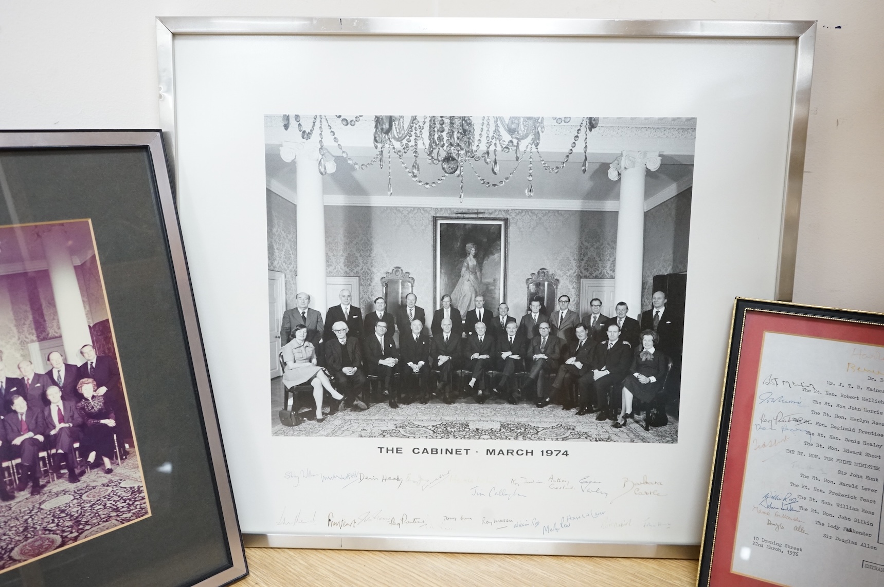 The Cabinet, March 1974, black and white photograph, signed by all The Sitters, (Harold Wilson’s government), seating plan and other photograph 45 x 52cm, and 1976 signed seating